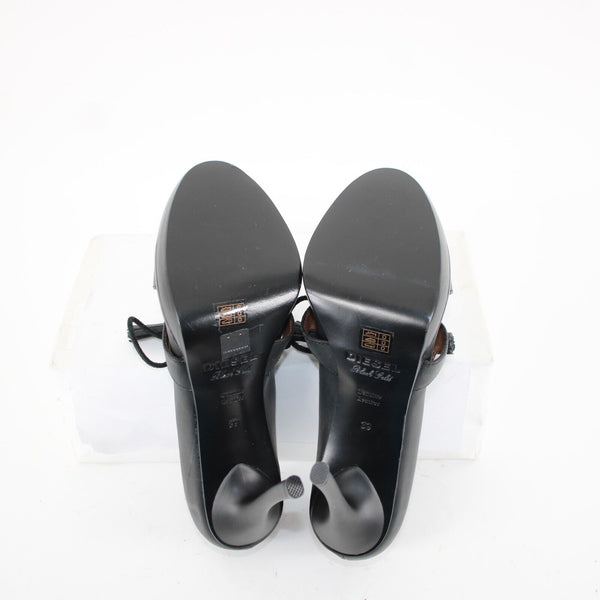 Diesel Black Gold Sz 39 Black Tie Detail Closed Toe Leather 4.5" Heels