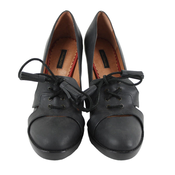 Diesel Black Gold Sz 39 Black Tie Detail Closed Toe Leather 4.5" Heels