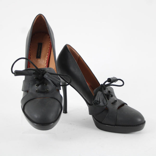 Diesel Black Gold Sz 39 Black Tie Detail Closed Toe Leather 4.5" Heels