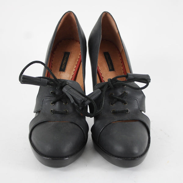 Diesel Black Gold Sz 39 Black Tie Detail Closed Toe Leather 4.5" Heels