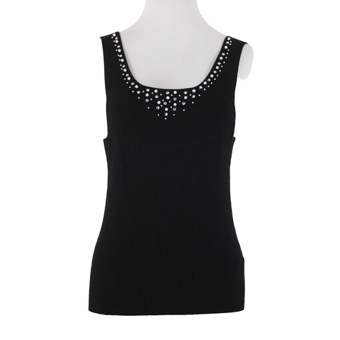 Christine Phillips Sz L Black Rhinestones Faux Pearl Sleeveless Rayon Nylon Top