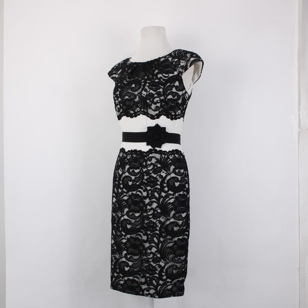 Jax Dress Sz 6 Black White Lace Detail Lined Nylon Cotton Polyester Pencil Dress