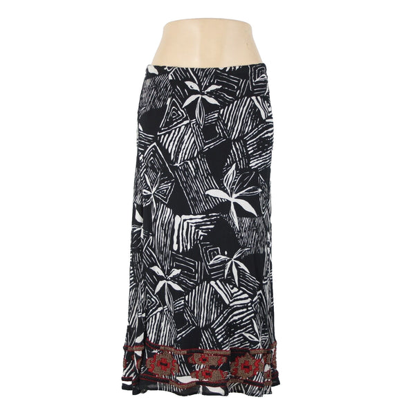 Chicos NEW $118 Africana Sz 0 Black White Red Beaded Elastic 100% Cotton Skirt