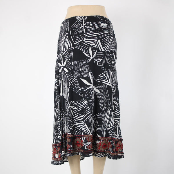 Chicos NEW $118 Africana Sz 0 Black White Red Beaded Elastic 100% Cotton Skirt
