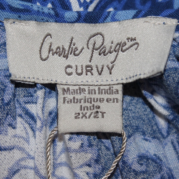 Charlie Paige Top NEW $44 Curvy Sz 2X Blue White Floral Peplum 100% Rayon Top