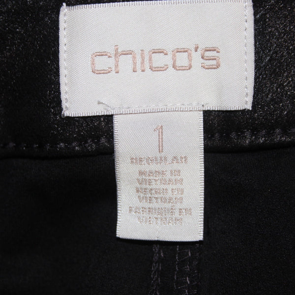 Chicos Pant Sz 1 x 30 Black Silverish Shine Faux Pockets Polyester Spandex Pant