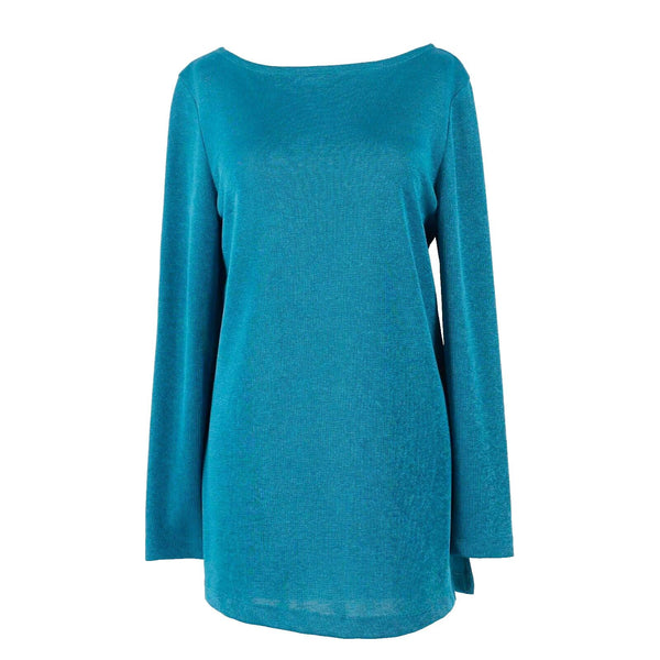 Saint Tropez West Sz 8 Teal Boatneck Side Slit 100% Polyester Knit Tunic Top