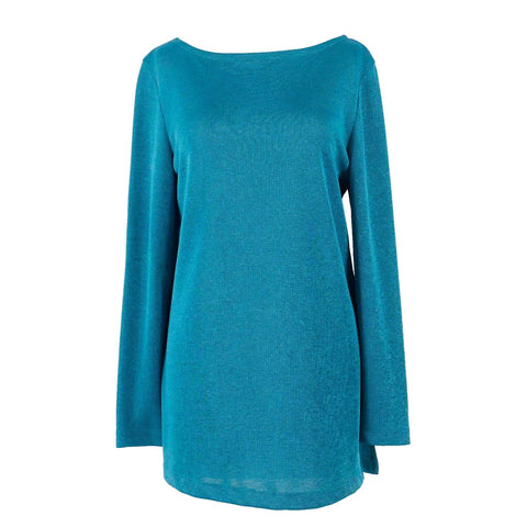 Saint Tropez West Sz 8 Teal Boatneck Side Slit 100% Polyester Knit Tunic Top