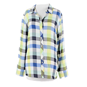 Talbots Sz L Blue Yellow White Multi Checks Button Up 100% Cotton Shirt