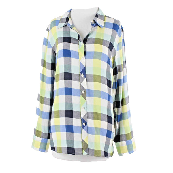 Talbots Sz L Blue Yellow White Multi Checks Button Up 100% Cotton Shirt