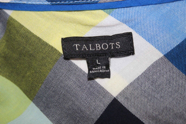 Talbots Sz L Blue Yellow White Multi Checks Button Up 100% Cotton Shirt