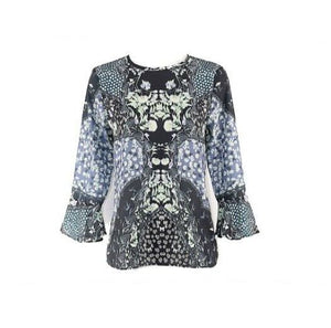 Philosophy Sz S Navy Green Lavender Multi 100% Polyester Bell Sleeve Top