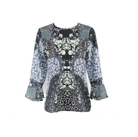 Philosophy Sz S Navy Green Lavender Multi 100% Polyester Bell Sleeve Top