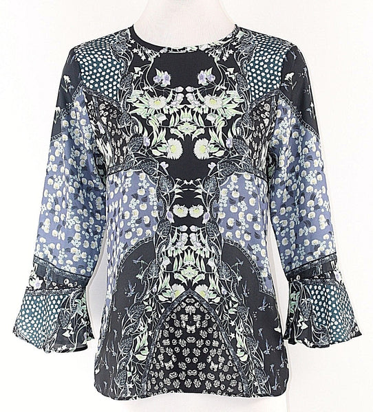 Philosophy Sz S Navy Green Lavender Multi 100% Polyester Bell Sleeve Top