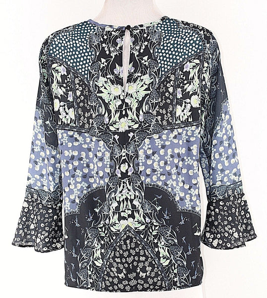 Philosophy Sz S Navy Green Lavender Multi 100% Polyester Bell Sleeve Top