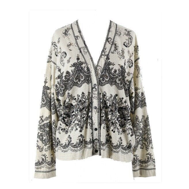 Carole Little Sz S Ivory Black Faux Lace Beaded Sequin All Cotton Cardigan