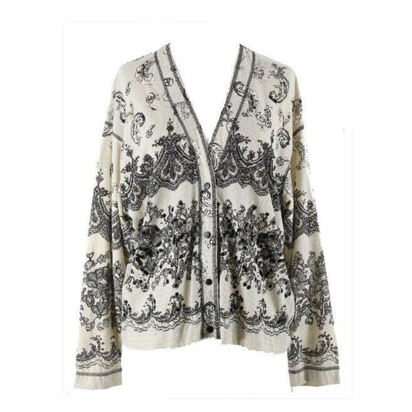 Carole Little Sz S Ivory Black Faux Lace Beaded Sequin All Cotton Cardigan
