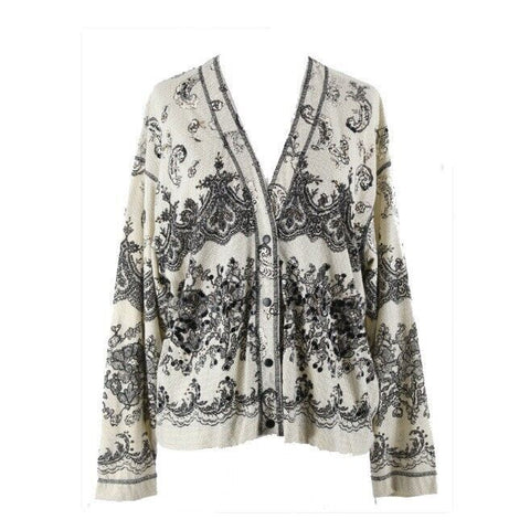 Carole Little Sz S Ivory Black Faux Lace Beaded Sequin All Cotton Cardigan