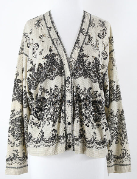 Carole Little Sz S Ivory Black Faux Lace Beaded Sequin All Cotton Cardigan