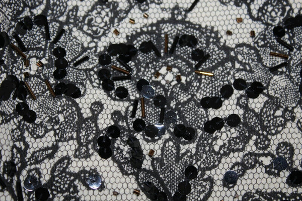Carole Little Sz S Ivory Black Faux Lace Beaded Sequin All Cotton Cardigan