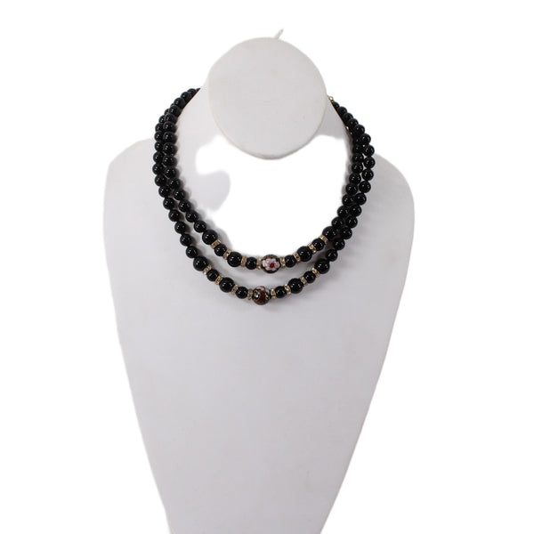 Heidi Daus Necklace Black Onyx Bead Strand Floral Bead 18" Necklace