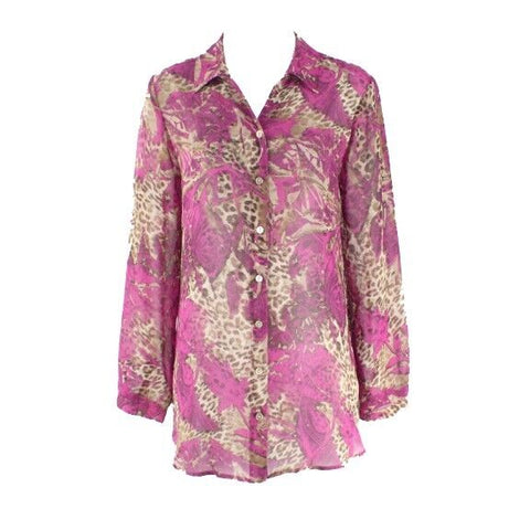 Chicos Sz 0 Purple Fuchsia Brown Animal Print Button Down Poly Chiffon Top