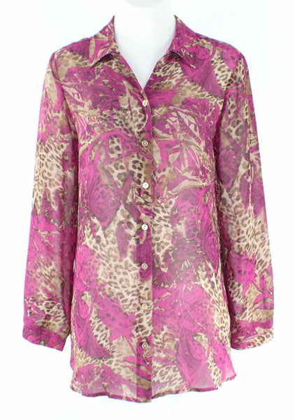 Chicos Sz 0 Purple Fuchsia Brown Animal Print Button Down Poly Chiffon Top