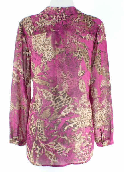 Chicos Sz 0 Purple Fuchsia Brown Animal Print Button Down Poly Chiffon Top
