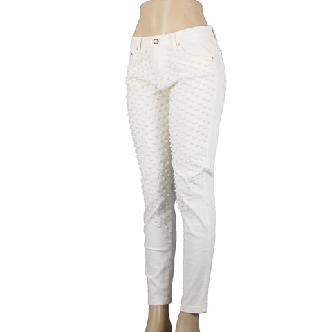 Cristina V Sz 6 x 28 White Faux Pearls Skinny Cotton Spandex AS IS Pant