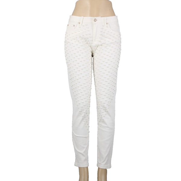 Cristina V Sz 6 x 28 White Faux Pearls Skinny Cotton Spandex AS IS Pant