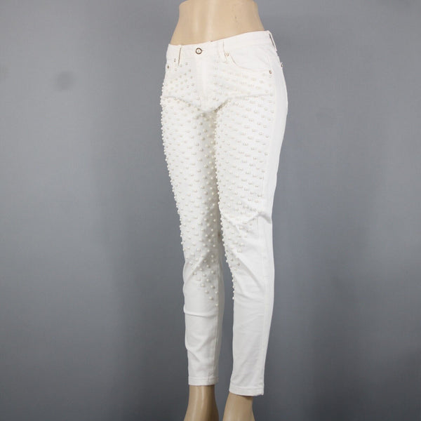 Cristina V Sz 6 x 28 White Faux Pearls Skinny Cotton Spandex AS IS Pant