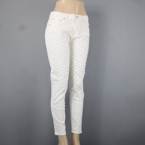 Cristina V Sz 6 x 28 White Faux Pearls Skinny Cotton Spandex AS IS Pant