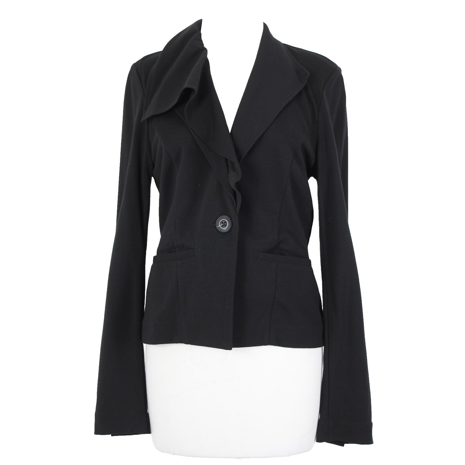 Cabi Sz S Black Button Ruffle Collar Pockets Unlined Rayon Nylon Blazer Jacket