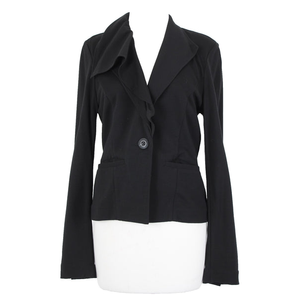 Cabi Sz S Black Button Ruffle Collar Pockets Unlined Rayon Nylon Blazer Jacket