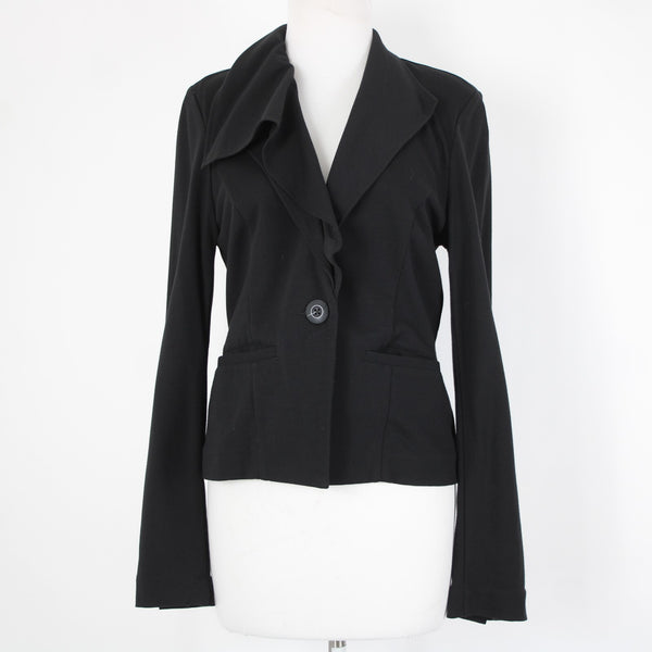 Cabi Sz S Black Button Ruffle Collar Pockets Unlined Rayon Nylon Blazer Jacket