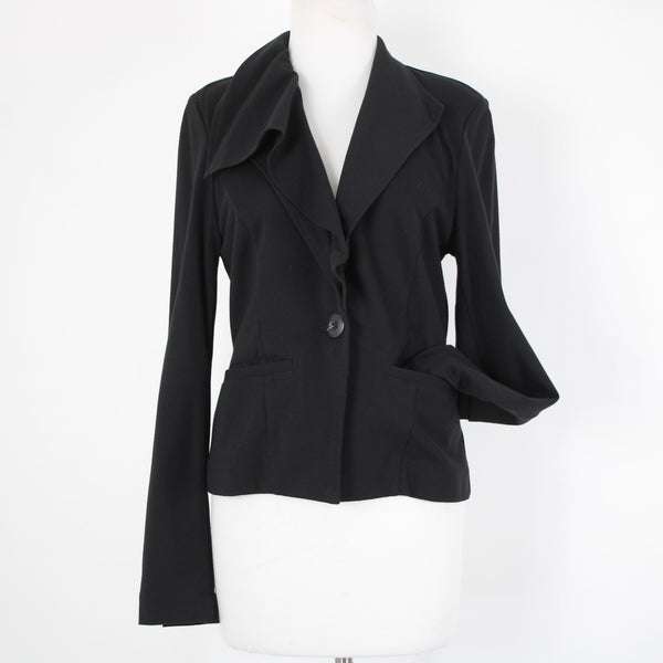 Cabi Sz S Black Button Ruffle Collar Pockets Unlined Rayon Nylon Blazer Jacket