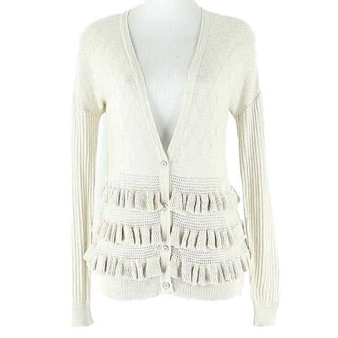 Kensie Sz S Beige Textured Ruffle Deep V Neck Cotton Viscose Cardigan