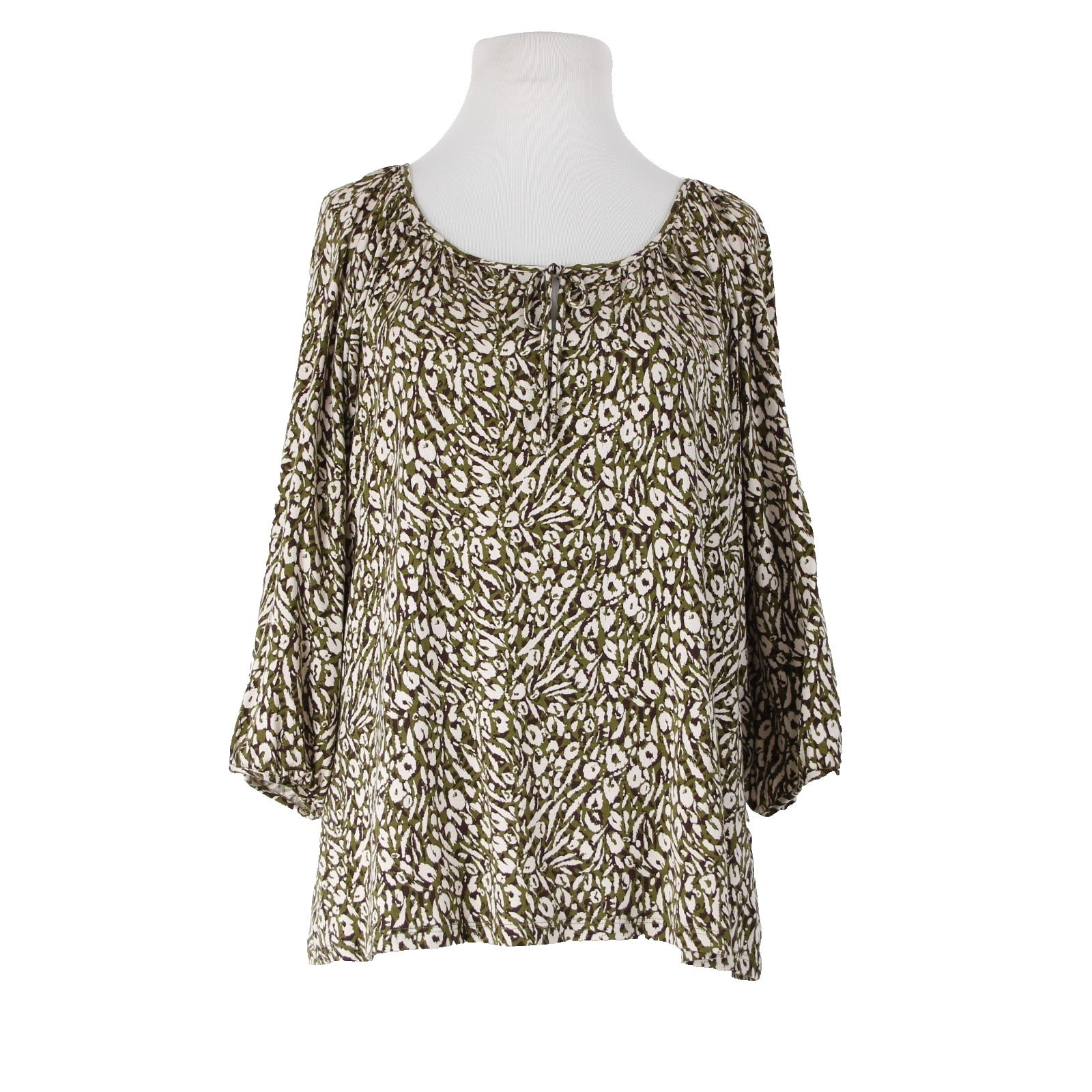 Garnet Hill Sz S Olive Green Brown Cream Tencel Spandex Blend Peasant Top