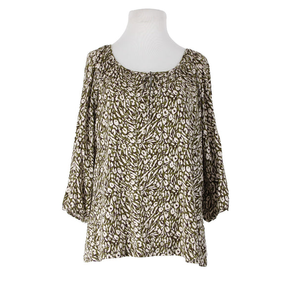 Garnet Hill Sz S Olive Green Brown Cream Tencel Spandex Blend Peasant Top