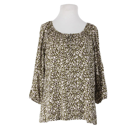 Garnet Hill Sz S Olive Green Brown Cream Tencel Spandex Blend Peasant Top