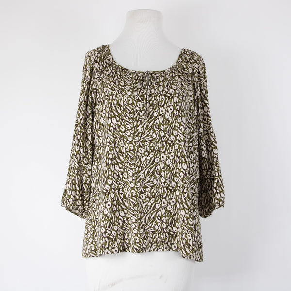 Garnet Hill Sz S Olive Green Brown Cream Tencel Spandex Blend Peasant Top