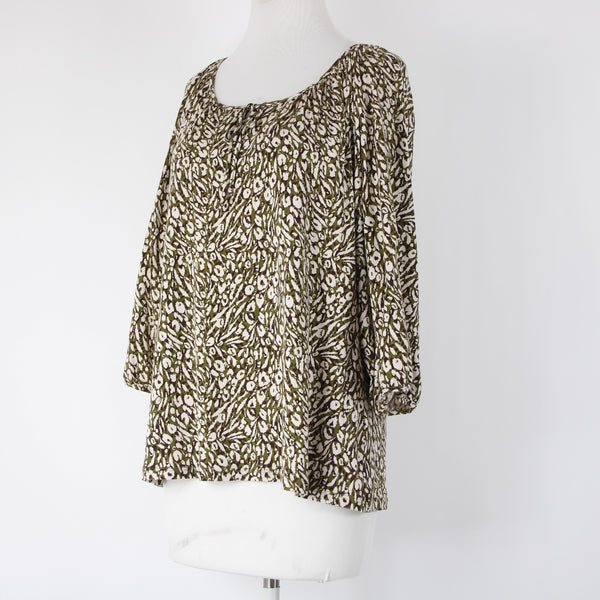 Garnet Hill Sz S Olive Green Brown Cream Tencel Spandex Blend Peasant Top