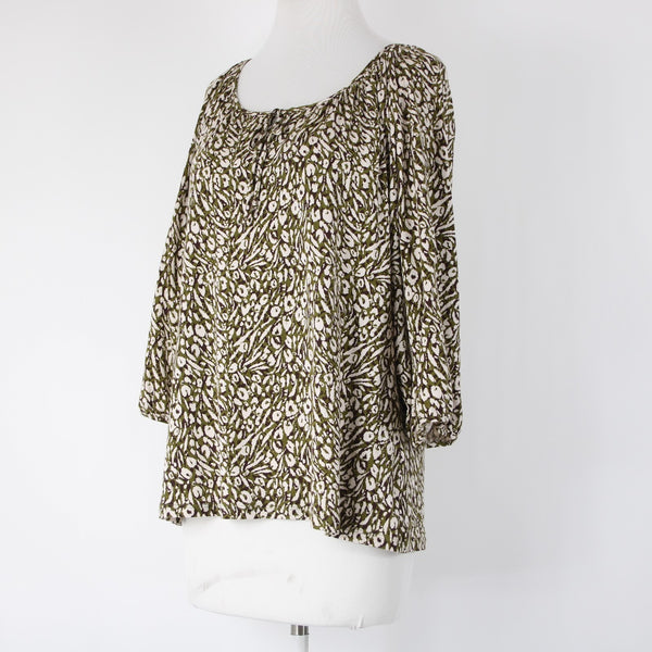 Garnet Hill Sz S Olive Green Brown Cream Tencel Spandex Blend Peasant Top