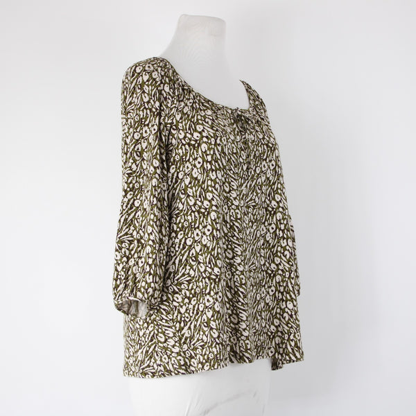 Garnet Hill Sz S Olive Green Brown Cream Tencel Spandex Blend Peasant Top