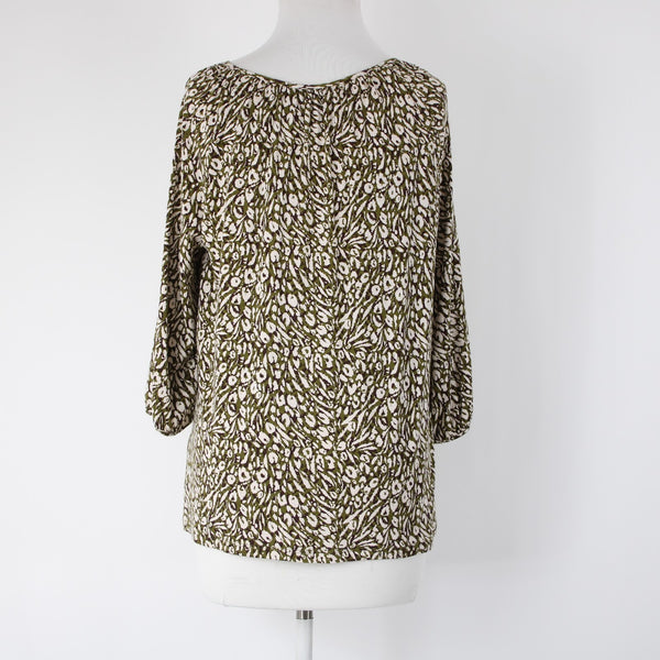 Garnet Hill Sz S Olive Green Brown Cream Tencel Spandex Blend Peasant Top