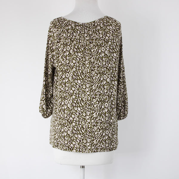 Garnet Hill Sz S Olive Green Brown Cream Tencel Spandex Blend Peasant Top