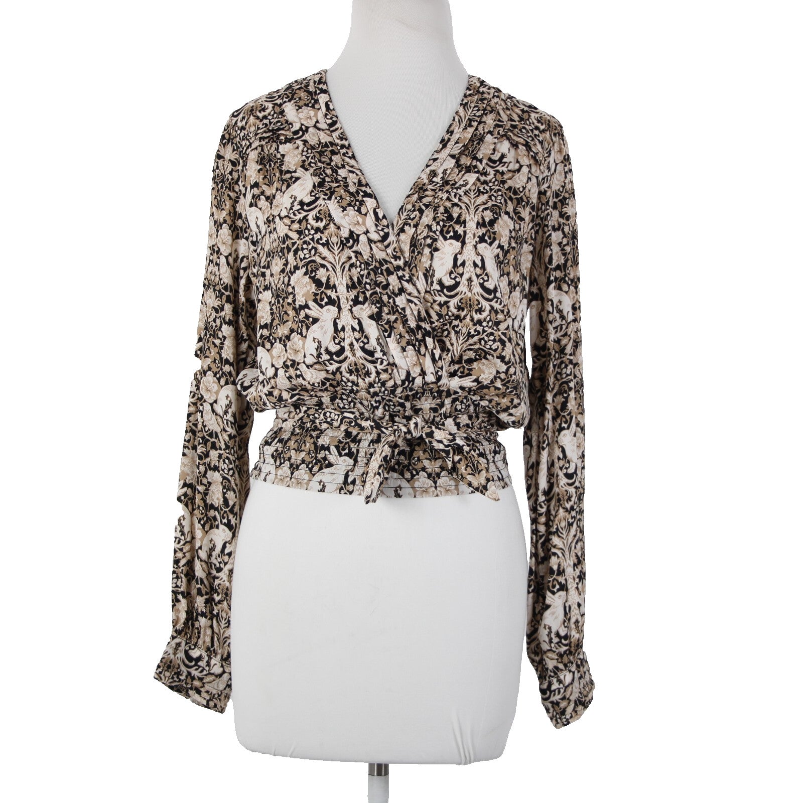 Anthropologie NEW $80 Sz S Brown Black White V Neck Bunnies Birds 100% Poly Top