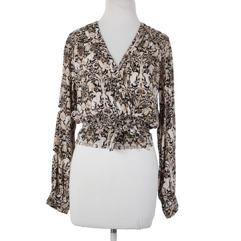 Anthropologie NEW $80 Sz S Brown Black White V Neck Bunnies Birds 100% Poly Top