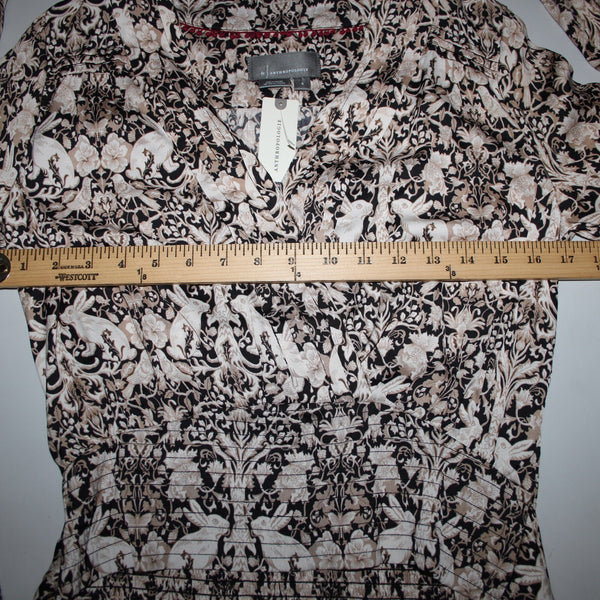 Anthropologie NEW $80 Sz S Brown Black White V Neck Bunnies Birds 100% Poly Top