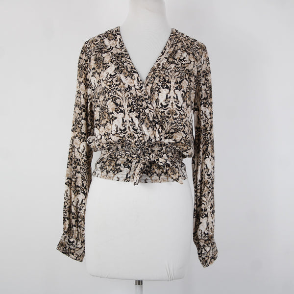 Anthropologie NEW $80 Sz S Brown Black White V Neck Bunnies Birds 100% Poly Top